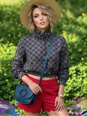 Geometric Floral Navy Multi color Print Multi Pleat Neck Crop Long sleeve top 4